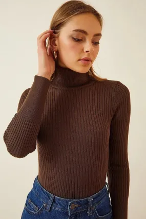 Women's Dark Brown Turtleneck Knitted Sweater