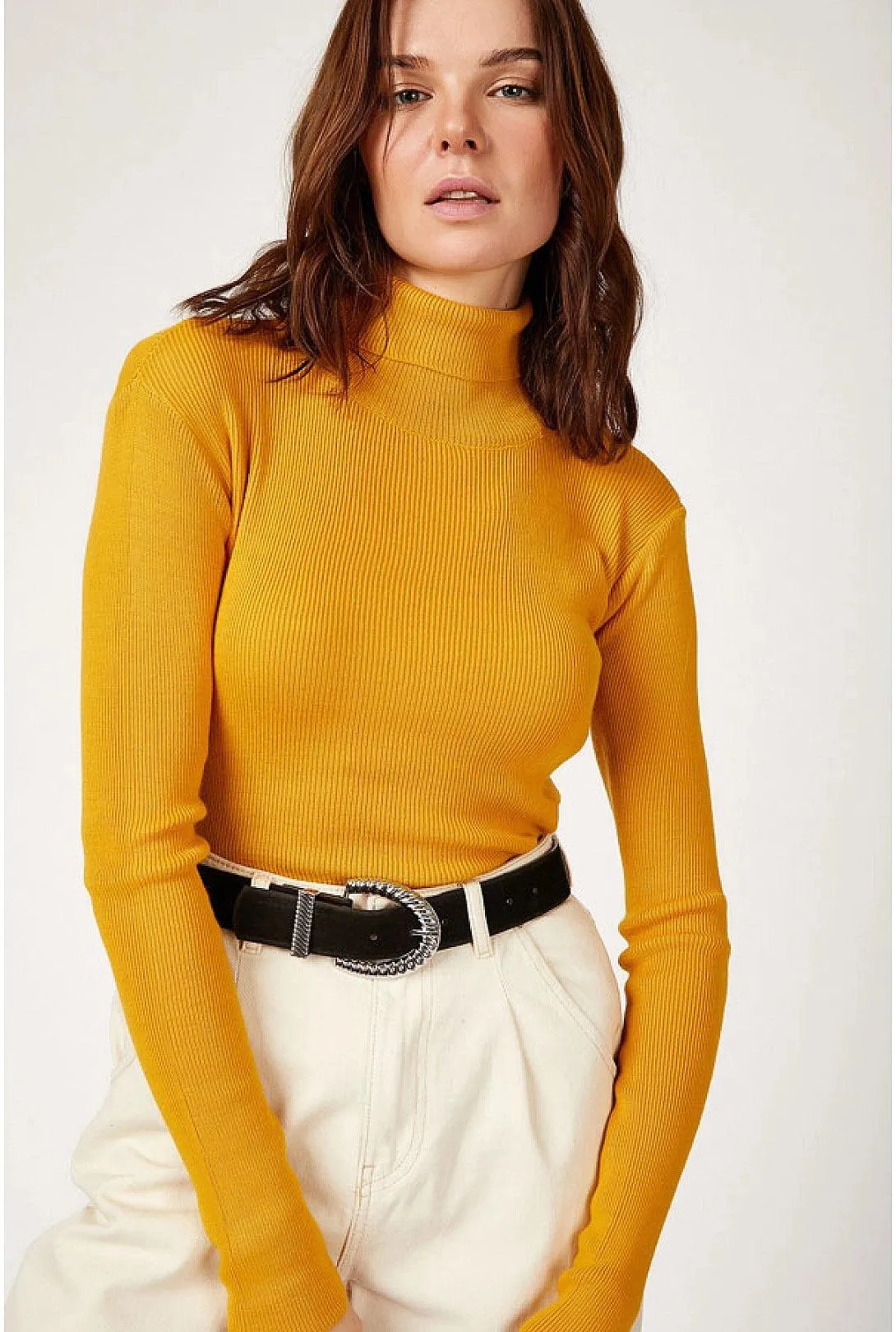 Women's Mustard Turtleneck Ribbed Knit Sweater | Classic Knitwear