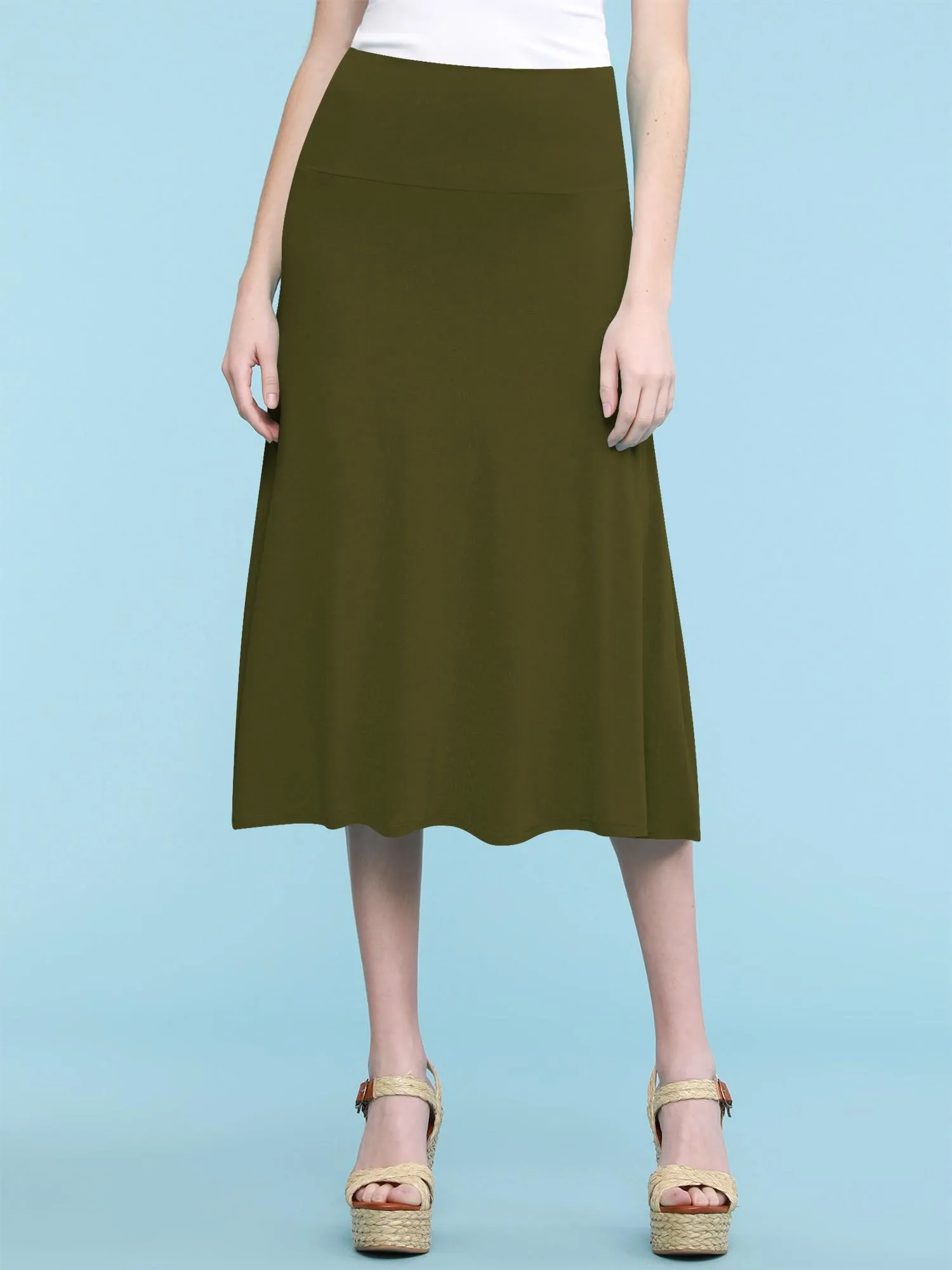 Women's Solid Lightweight Flare Midi Pull On Skirt