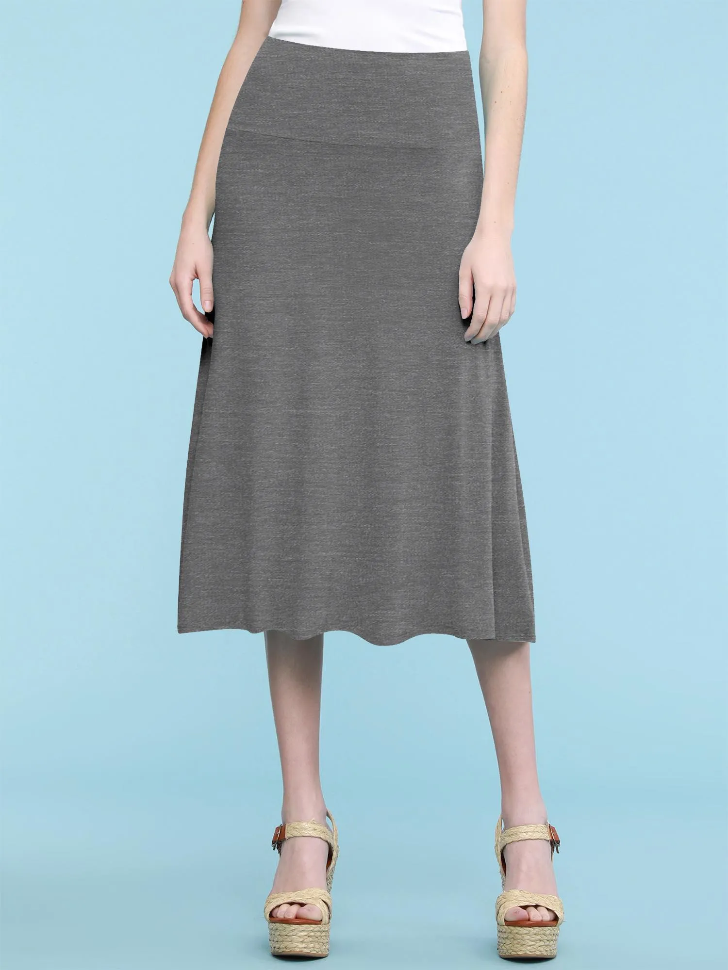 Women's Solid Lightweight Flare Midi Pull On Skirt