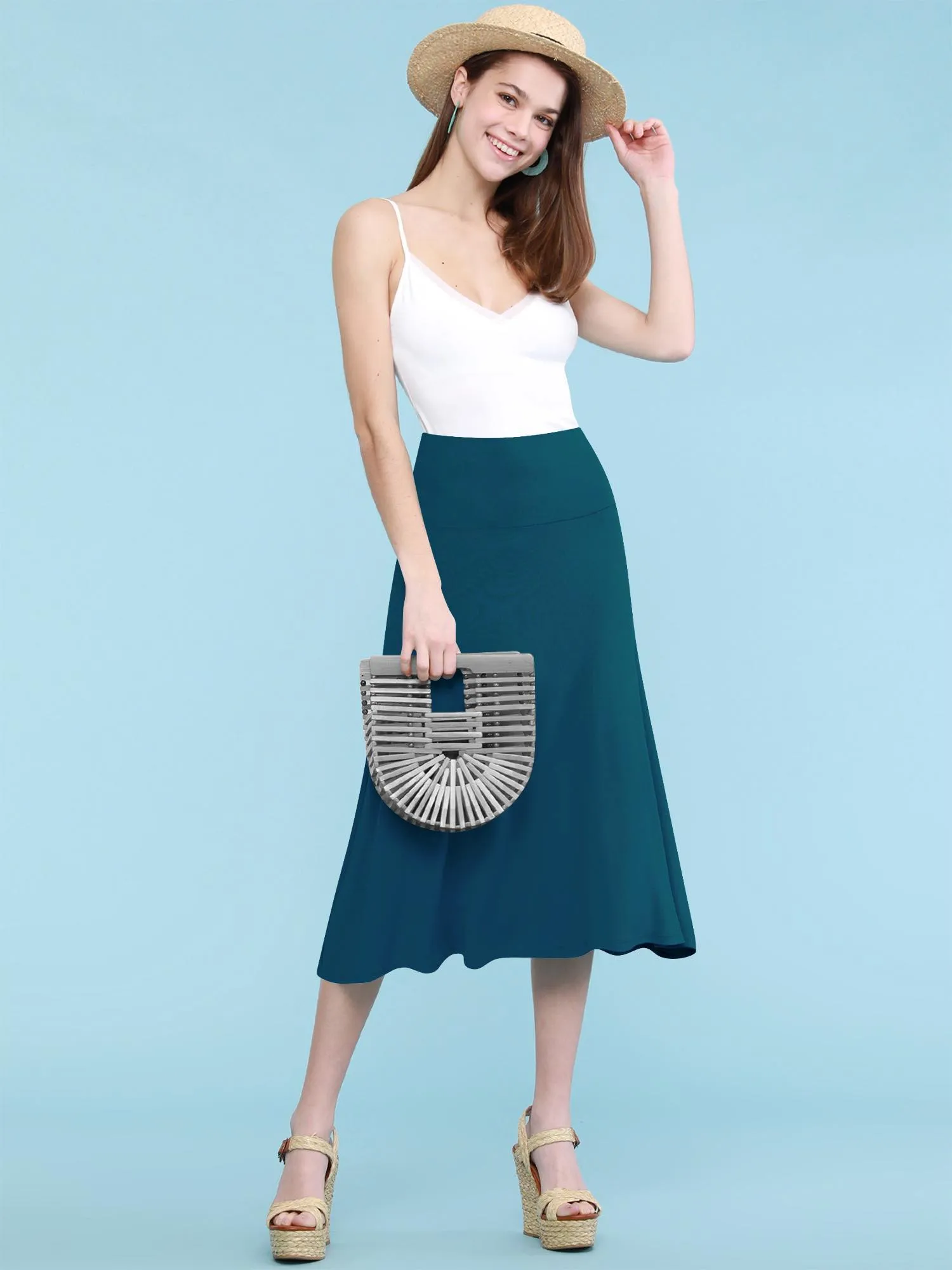 Women's Solid Lightweight Flare Midi Pull On Skirt